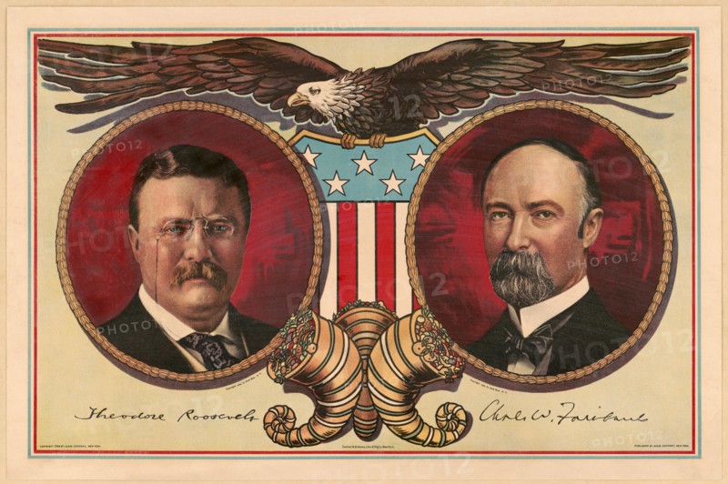 Political Campaign Poster with Head and Shoulders portraits of Theodore Roosevelt (left), for President, and, Charles W. Fairbanks, for Vice President, Lithograph by Sackett & Wilhelms Litho. & Prt. Co. from Photographs by Pach Brothers, Published by Judge Company, 1904