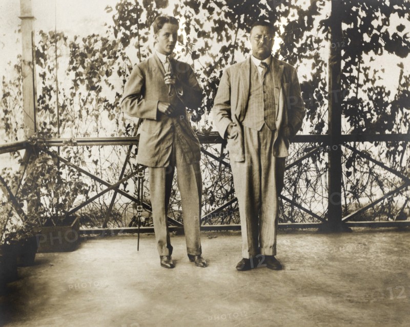 Kermit Roosevelt with his Father Theodore Roosevelt, Full-length Portrait Standing on Porch, Photograph by Warrington Dawson, 1910