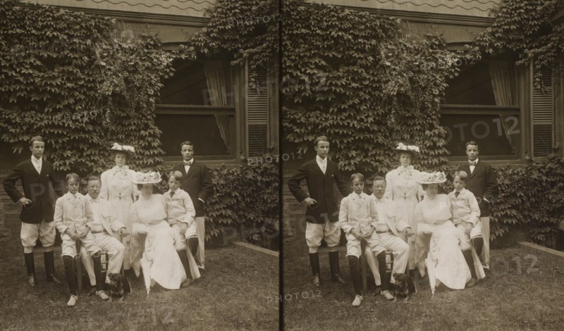 U.S. President Theodore Roosevelt and Wife Edith Surrounded by their Children, Full-length Portrait, Stereo Card, 1907