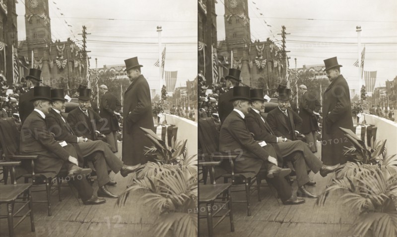 President Roosevelt, with the Mayor of Canton and the Governor of Ohio, Reviewing Parade on McKinley Memorial Day, Canton, Ohio, USA, Stereo Card, Underwood & Underwood, September 30, 1907