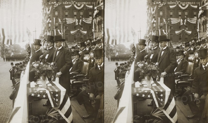 President Roosevelt, with the Mayor of Canton and the Governor of Ohio, Reviewing Parade on McKinley Memorial Day, Canton, Ohio, USA, Stereo Card, Underwood & Underwood, September 30, 1907