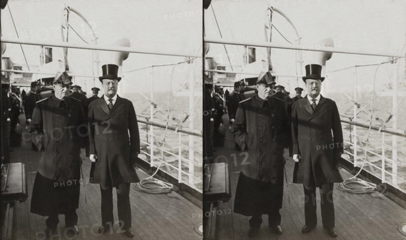 U.S. President Theodore Roosevelt and Admiral Robley "Fighting Bob" Evans on Deck of U.S.S. Mayflower, Stereo Card, 1907