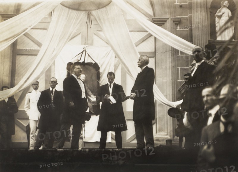 U.S. President Theodore Roosevelt (left) and First Panamanian President Manuel Amador Guerrero making Public Appearance during Inspection Tour of Panama Canal, Panama, November 15, 1906