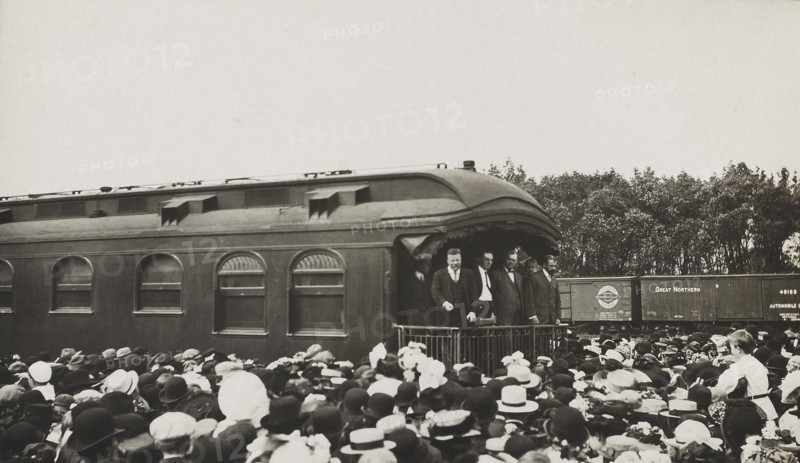 Former U.S. President Speaking to Crowd from back of Railroad Car, Willmar, Minnesota, USA, Photograph by E. Elkjer, 1910