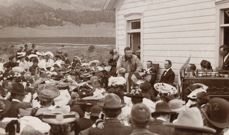 U.S. President Theodore Roosevelt giving Speech outside School House, Divide Creek, Colorado, USA, Photograph by Charles A. Bradley, 1905