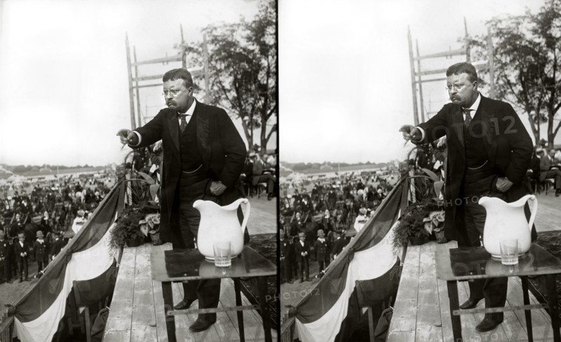 U.S. President Theodore Roosevelt on a platform speaking to Crowd, large white pitcher in foreground, Concord, New Hampshire, Stereo Card, January 5, 1907
