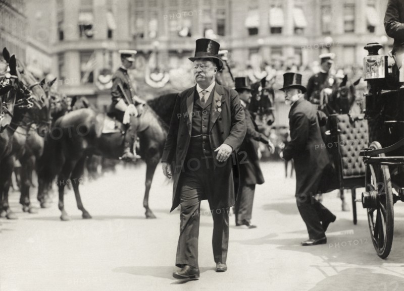Theodore Roosevelt walking in Parade with New York City Mayor William Gaynor in background (right) during his Homecoming Reception after his trip Abroad, New York City, New York, USA, June 23, 1910