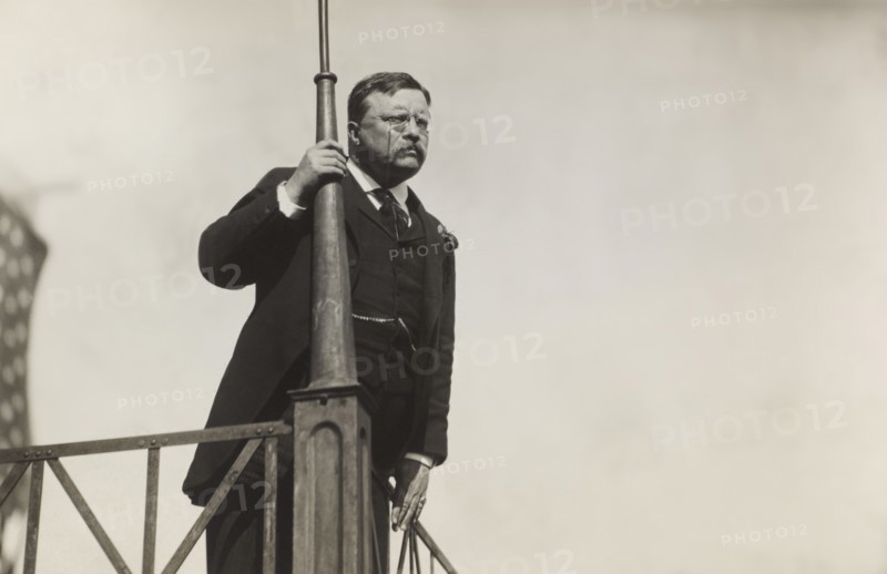 Former U.S. President Theodore Roosevelt Leaning Forward and Looking out from Balcony, 1911