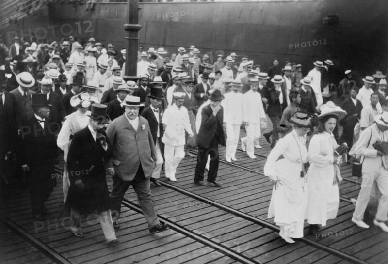 U.S. Secretary of War William Howard Taft with group of Dignitaries Leaving Dock at Yokohama, Japan, during Diplomatic Mission, Photograph by Burr McIntosh, July 1905