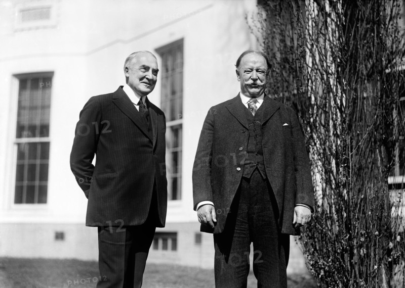 U.S. President Warren G. Harding and Former President William Howard Taft at the White House, following the death of Chief Justice Edward Douglass White, Harding nominated Taft to be Chief Justice, Washington, D.C., USA, Photograph by Harris & Ewing, 1921