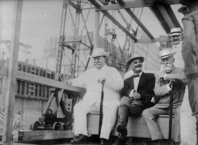 U.S. President William Howard Taft (left) with Supt. Sidney Williamson (center) during Construction Inspection of Panama Canal, Photograph by Harris & Ewing, November 1910