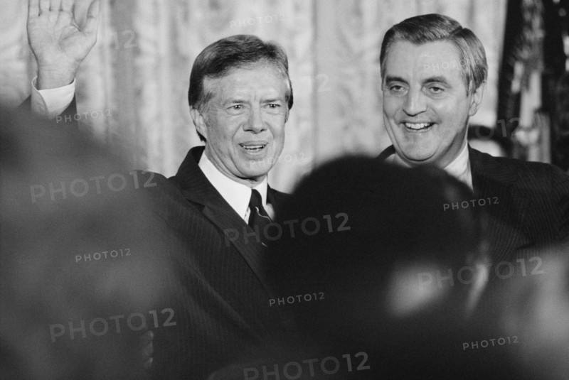 U.S. President Jimmy Carter and U.S. Vice President Walter Mondale, Head and Shoulders Portrait at White House, Washington, D.C., USA, photograph by Thomas J. O'Halloran, December 1979