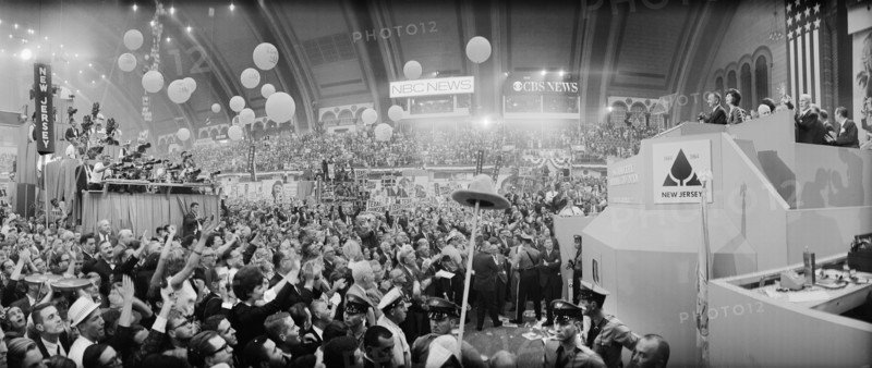 U.S. President Lyndon Johnson at Podium during Democratic National Convention, Boardwalk Hall, Atlantic City, New Jersey, USA, photographer Thomas J. O'Halloran, Warren K. Leffler, August 26, 1964