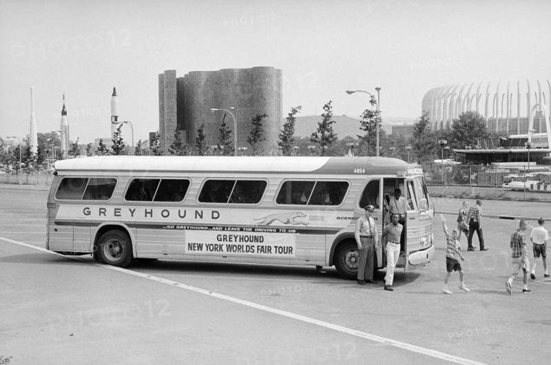 Greyhound Bus arriving at New York World's Fair,  Flushing Meadows–Corona Park, Queens, New York City, New York, USA, photograph by Thomas J. O'Halloran, June 1965