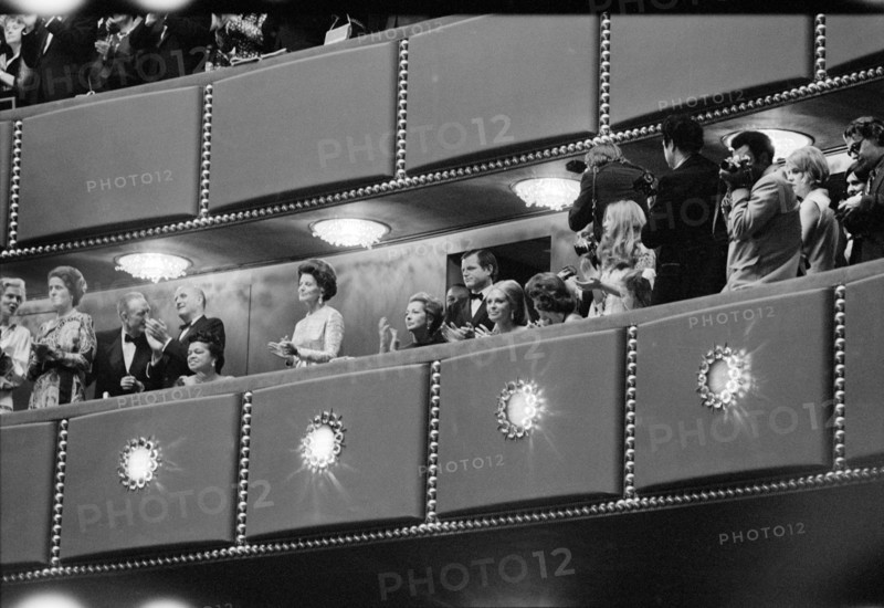 Members of the Kennedy Family, including Rose Kennedy (standing center) in the Presidential Box at the Gala Opening of the John F. Kennedy Center for the Performing Arts, Washington, D.C., USA, photographer Thomas J. O'Halloran, Warren K. Leffler, September 8, 1971