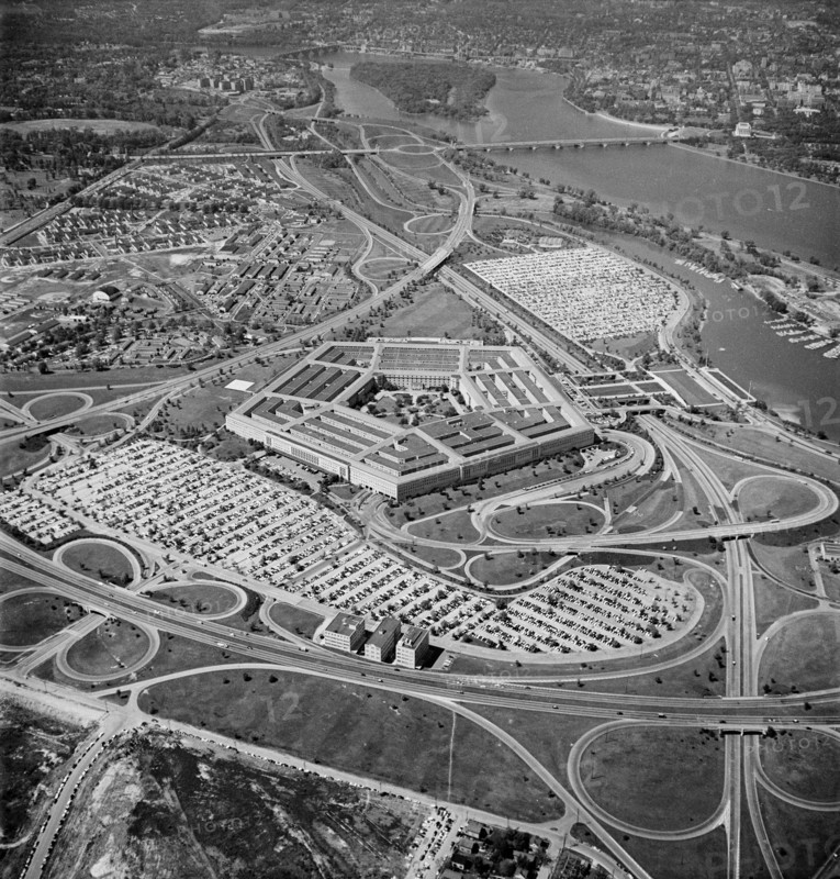 High Angle View of Pentagon Building and Surrounding Area, Arlington, Virginia, USA, photograph by Thomas J. O'Halloran, 1956