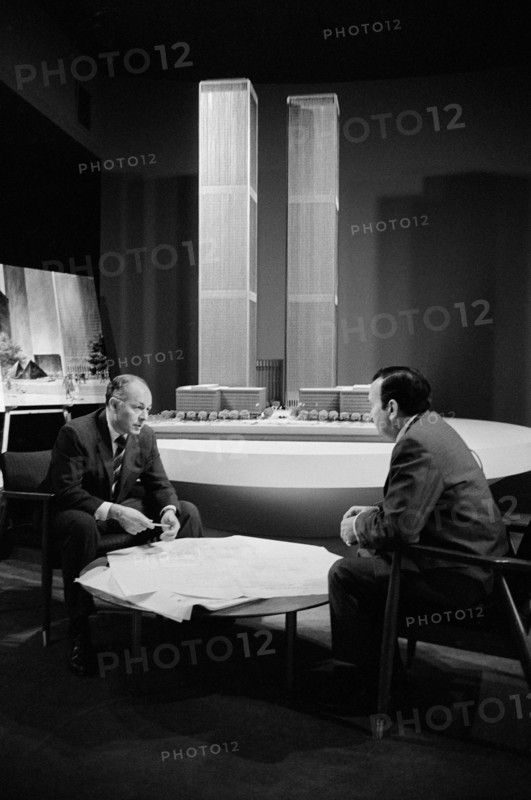 Two Officials of Port of New York Authority discussing Office Space with Model of New World Trade Center in background, New York City, New York, USA, photograph by Thomas J. O'Halloran, January 1971