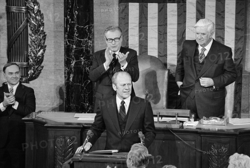 U.S. President Gerald Ford Delivering the State of the Union Address, Vice President Nelson Rockefeller and Speaker of the House of Representatives Tip O'Neill Standing in Background, Washington, D.C., USA, photograph by Thomas J. O'Halloran, January 12, 1977