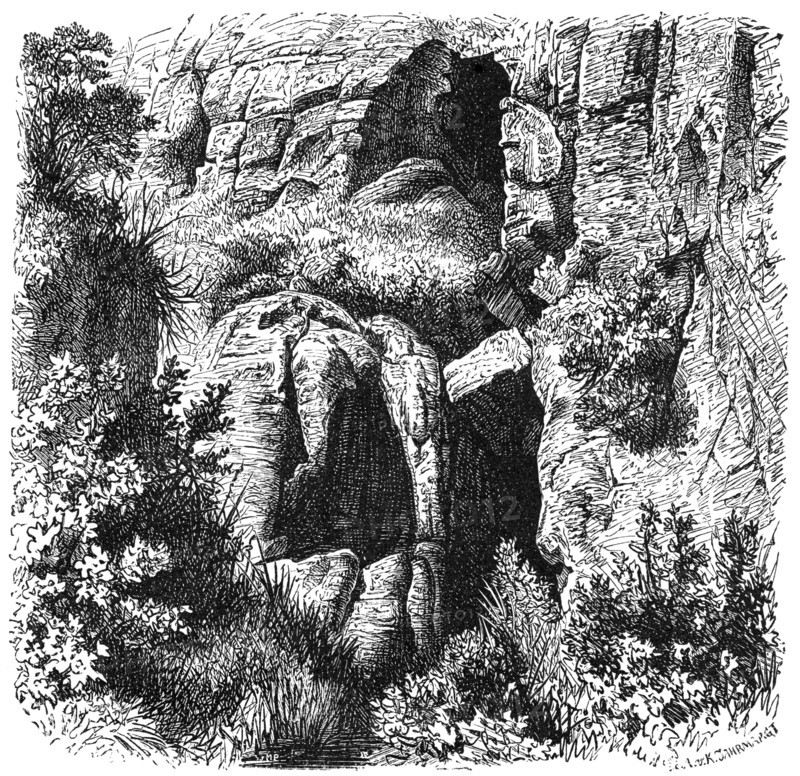 Bushmen Caves, Farmer’s Free States, Illustration from the book, "Volkerkunde" by Dr. Friedrich Ratzel, Bibliographisches Institut, Leipzig, 1885