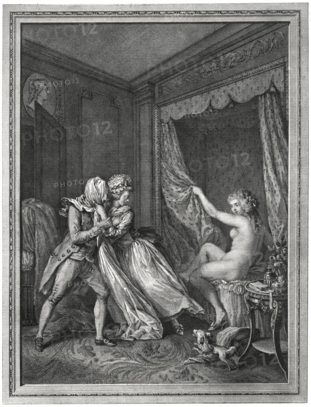 L’Indescret, etching by Francois Dequevauviller (1745-1807) after a Painting by Antoine Borel (1743-1810), 1786
