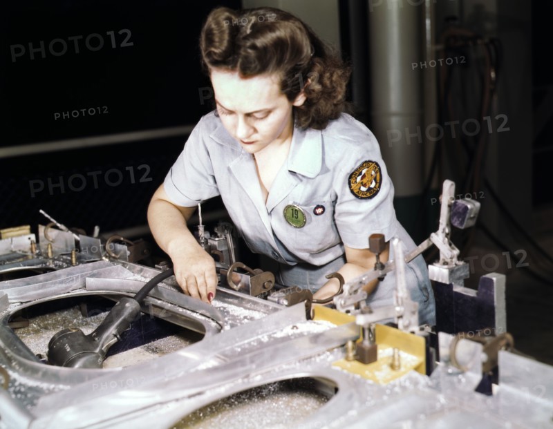War Production Worker Drilling a Wing Bulkhead for Transport Plane