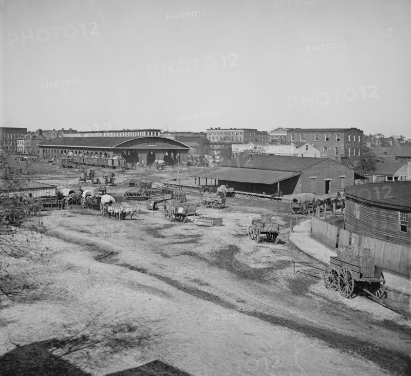 Railroad Depot with Trout House and Masonic Hall in background during Union General William Sherman's Occupation of Atlanta