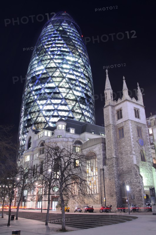 Gherkin Tower and St. Andrew Church at Night