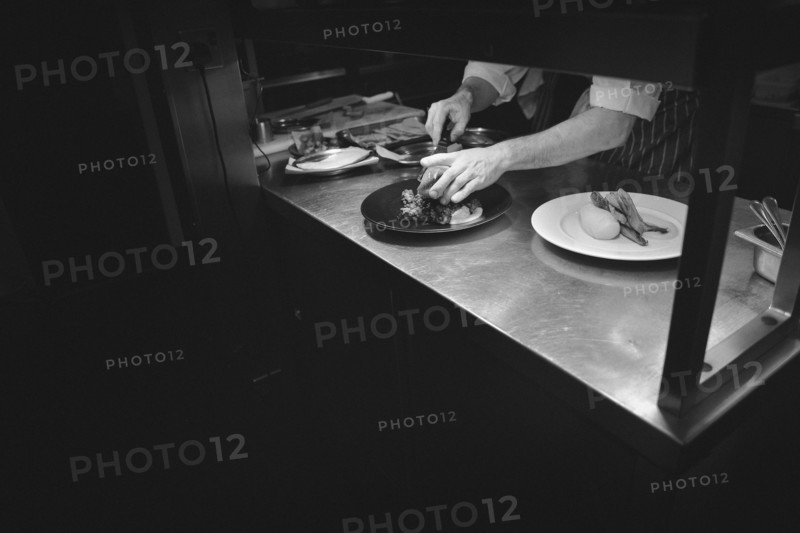 Chef plating Food in Restaurant Kitchen