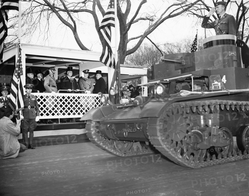 U.S. President Franklin Roosevelt observing Army Day while reviewing Parade comprising all arms of Service. Also in attendance: Brigadier General Albert Cox