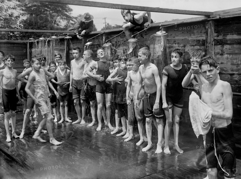 Group of Boys taking Shower at Summer Military Training Camp for Boys organized by New York State Military Training Commission