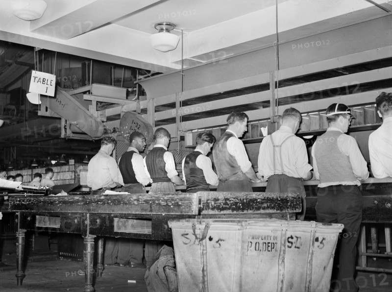 Workers sorting mail at Main Post Office, Washington, 1938