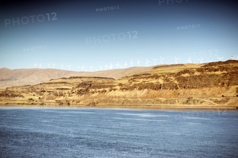 Columbia River Gorge and Wind Turbines on Hillside, Oregon,