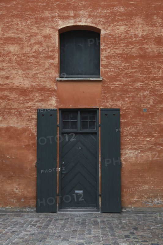 Black Doorway and Shutters against Rust Wall, Copenhagen,