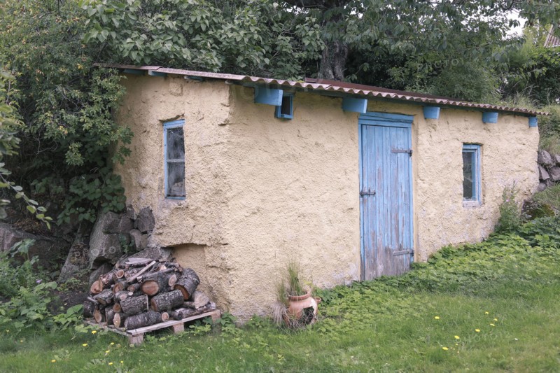 Shed with Blue Doors in Garden, Bornholm,