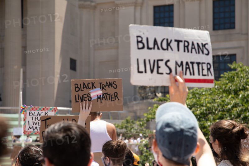 Protesters holding up Black Trans Lives Matter Signs during Protest outside Brooklyn Museum, Brooklyn,