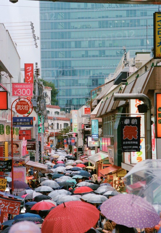 Umbrellas filling Narrow Street, Tokyo,
