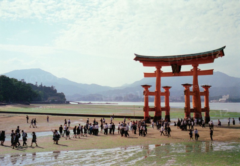 Group of People at Itsukushima Shrine with Tide Out, Miyajima Island,