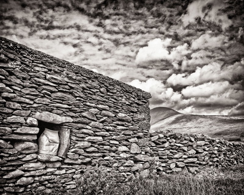 Old Stone Wall with Milk Bucket,,