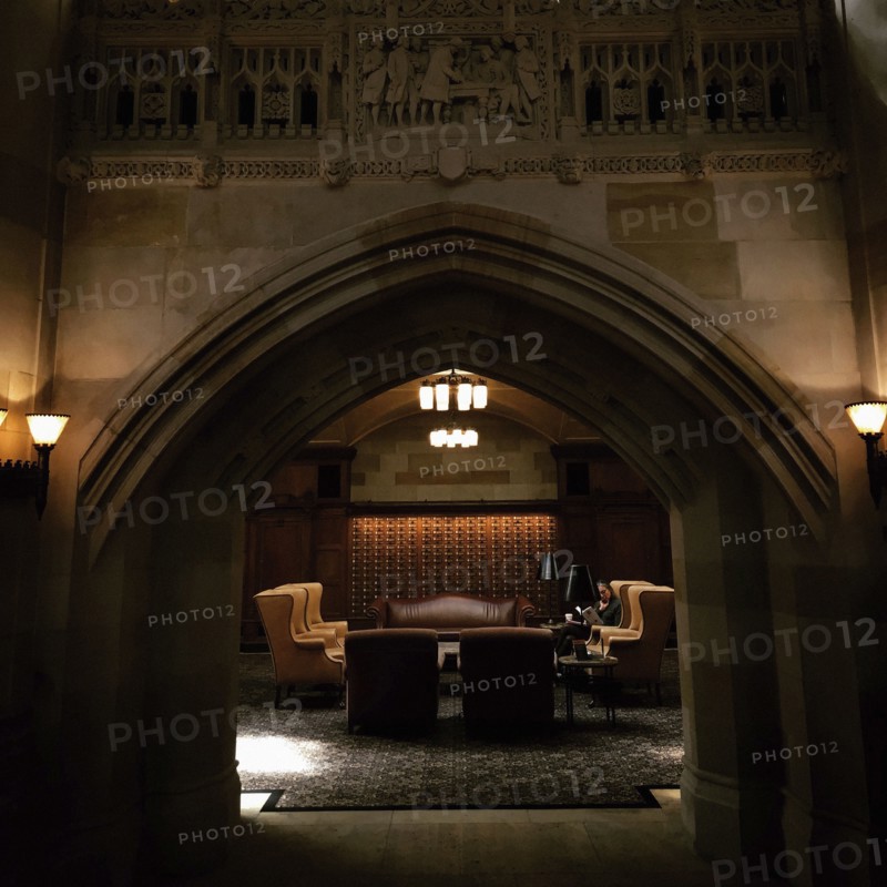 Woman Reading in Sitting Area of Library, Sterling Memorial Library,