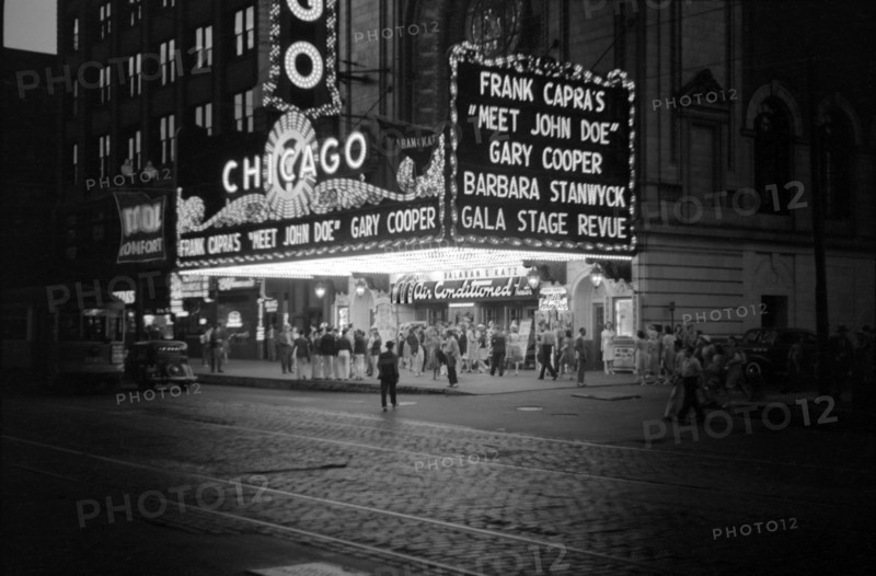 Crowd and Movie Theater Marquee at Night, Chicago