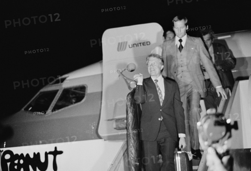 Jimmy Carter disembarking from the Airplane "Peanut One",  Wilkes-Barre Scranton Airport for Presidential Campaign stop
