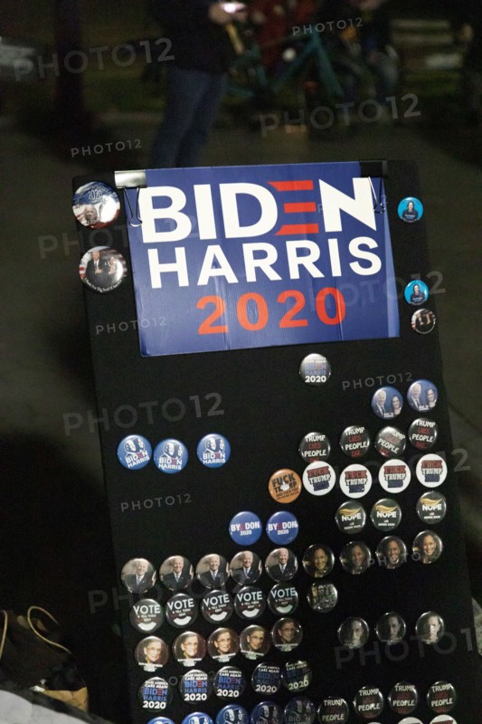 Biden Harris 2020 Political Sign and Buttons at Night,