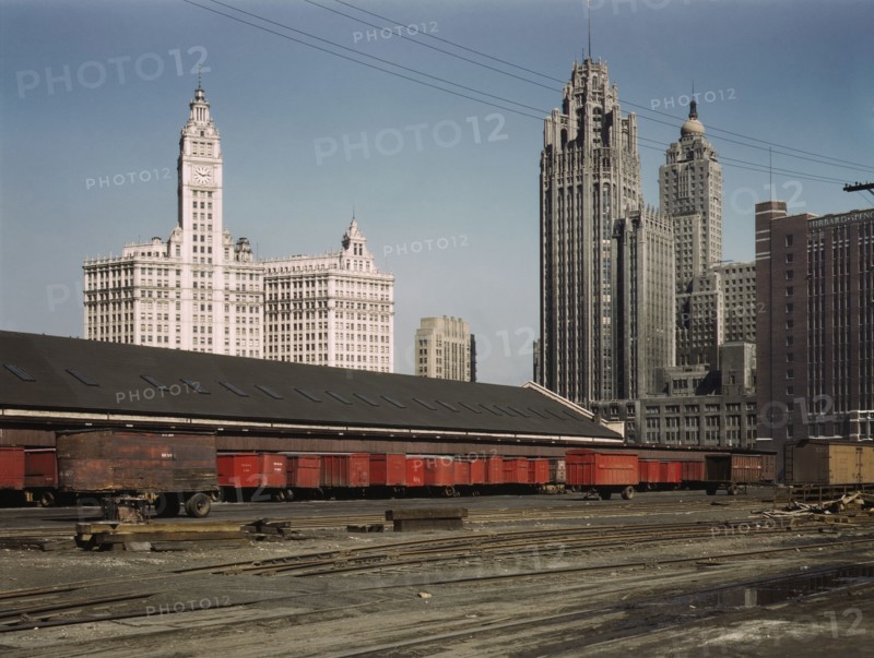 Trucks unloading at Inbound Freight House of Illinois Central Railroad