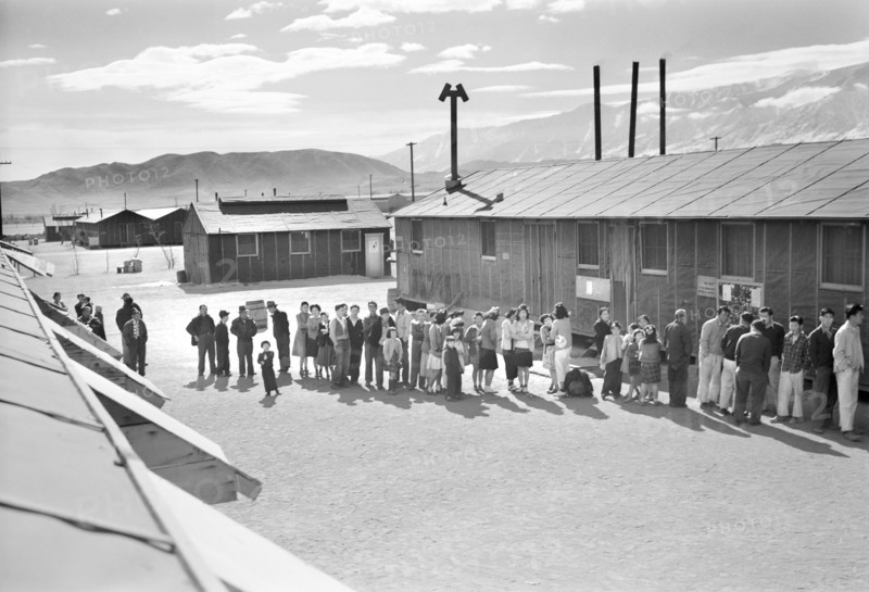 Japanese-Americans waiting in line at Mess Hall