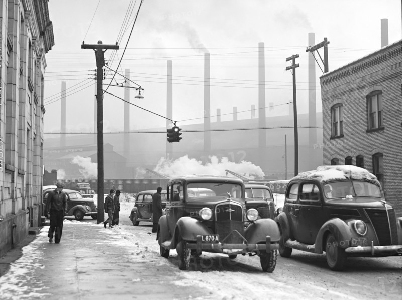 Cars of Steelworkers leaving  Mill