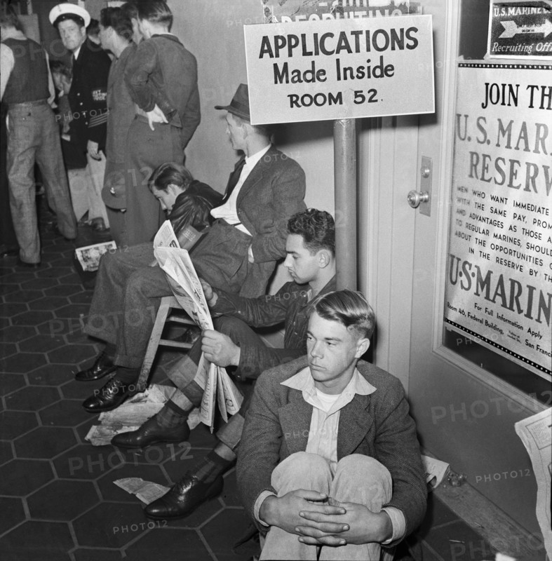 Group of Young Men on Line waiting to Enlist at U.S. Marines Recruitment Headquarters