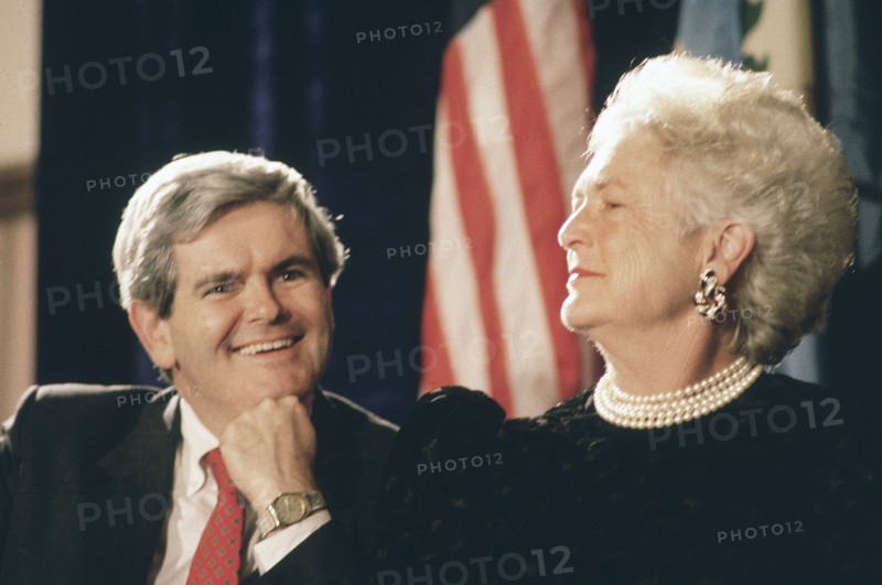 U.S. Congressman Newt Gingrich and U.S. First Lady Barbara Bush at event to honor Speaker of the House Bob Michel