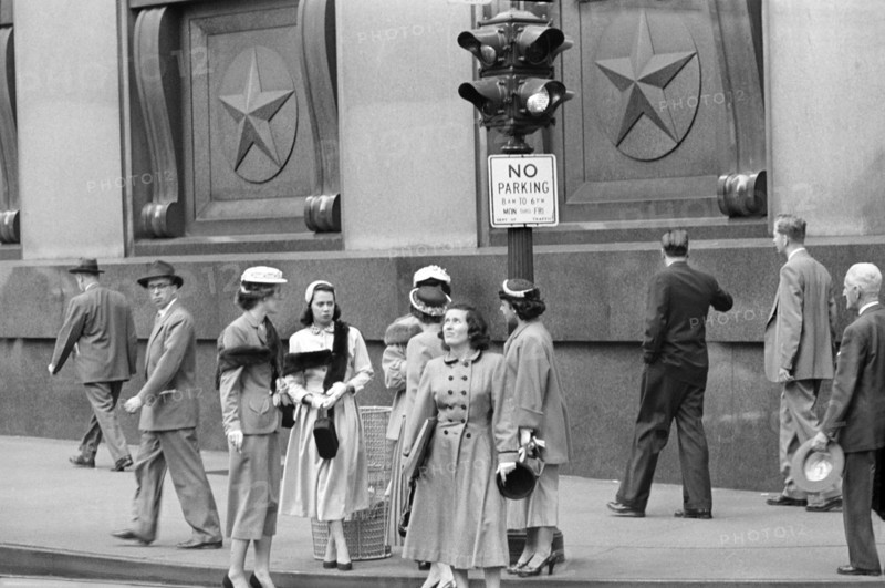 Group of Women with Fur Stoles at Street Corner