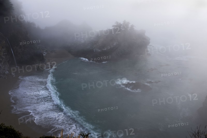 High Angle View of Cove Waterfall and Cove on Foggy Day