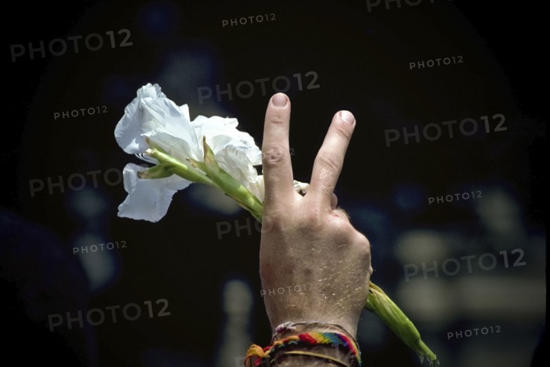 Protester giving Peace Sign while holding Flower